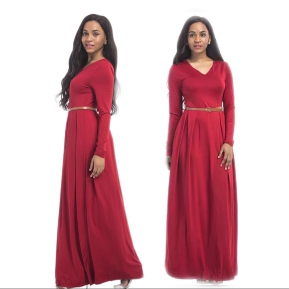 Eclectic Ginger Dresses & Skirts - Long Sleeve Red Maxi Dress with belt